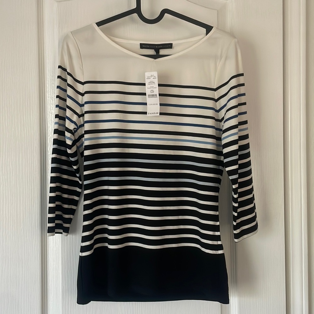 NWT- White House Black Market Striped Ivory/Blue/Black 3/4 Sleeves Boat Neck Top
